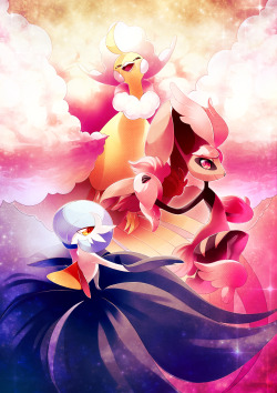 sylvaur:  GIRL POWER  Yeeee here are my shiny mega ladies :D My gurdvoor Salvia, my pupunny Cinnamon and my ultra Ciela &lt;3 I love them to death. They wreck faces.  Also I struggled to DEATH with Ciela’s clouds and I’m kinda happy w/ how they turned
