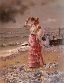 Alfred Stevens (Brussels 1823 - Paris 1906), Femme elegant voyant filer un vapeur (1884)