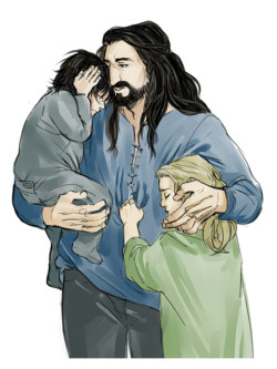 kaciart:   isilmelopta answered: Young Kili and Fili being comforted by Thorin during a storm?  stick ban: I like how Kili looks genuinely distressed, but Fili’s just kind of like, “Kili woke me up crying but at least Thorin’s dealing with him