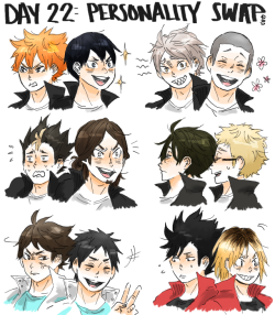 a-zebra-was-here:  haikyuu!! 30 day challenge day 22: personality swap of your choice (between as many people as you want) oh my god this was so weird to do is this even right i’m sorry  