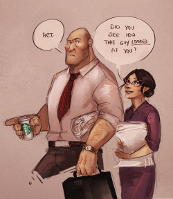 sinuswave:AU where Pauling is Heavy’s cheeky secretary, Scout works at Starbucks and Medic is a vet and probably has a dove sanctuary in his veterinary practice