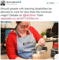 disabilityhealth: jizzfrosti:  doctorcassherlockedfromtheimpala:  thetrippytrip:   This is disgustingly ableist. Disabled people have worth, their labor has value, they’re working just like everyone else so they should get paid as much as everyone else.