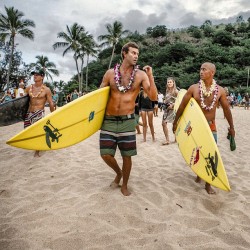 patagonia:  Kohl Christensen and Ramon Navarro at the Eddie Aiku opening Ceremony on the North Shore of Oahu. Photo by #jeffjohnson 
