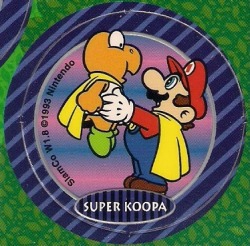 suppermariobroth: Extremely rare official artwork of Mario holding up a Super Koopa, found in a set of Super Mario World pogs. &gt; u&lt;