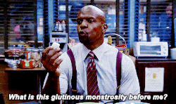ochocolate: The question is, who here does the best impression of Captain Raymond Holt? You’ll be judged on voice, body language, and overall lack of flair. Everyone will perform the same scenario, Captain Holt eating a marshmallow for the very first