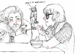 ladynorthstar:  Bjork prompted me the most amusing AU situation ever: Bilbo is Thorin’s horribly hipster bff who lives in the apartment beside theirs, but he hangs out at Thorin and Dwalin’s place 24/7 and leave all sorts of shit in their apartment