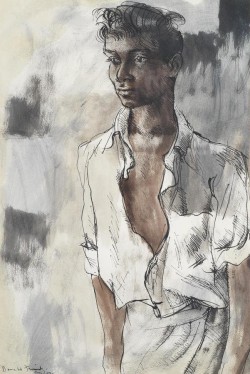 Donald Friend (Australian, 1915-1989), Portrait of a young man, Sri Lanka, Pen and ink and watercolour, 49 x 33.5 cm.