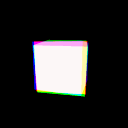 p5art:chromatic boxes (3D)(based on the new ‘rendering tutorial’ over on processing.org; my code here; and weirdly enough Tumblr accepts this GIF with 240 frames now … !?)