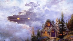 npr:  (via Star Wars Imperial Forces Invade Thomas Kinkade Paintings)  In a series Artist Jeff Bennett is calling Wars on Kinkade, the Painter of Light’s ethereally bland landscapes come under the iron fist of Star Wars storm troopers, Imperial Star