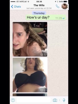amateurslutwives383:  clackershotwife:  Whilst I was busy at work Mrs C was having fun. #cuckold #hotwife #sms #text.  He’s pleased that his wife is knowing other men sexually while he’s away. This is the life a cuck husband leads. 