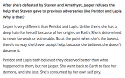 hsrw101:  grimphantom2:  owlygem:  pink-watermelon-pie:  An interesting tidbit about Jasper’s character from this interview of Rebecca Sugar.  Oh my god…       For us non-S.U. fans