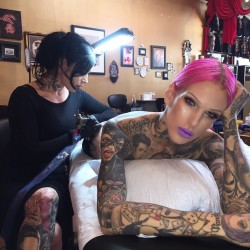 jeffreestar:  I’ve been getting tattooed by @thekatvond for 9 years now! 💉💉💉  you’re probably thinking “how do you have room left??” - I’m almost out of space but we found a spot on my lower back/butt to put #AnnaNicoleSmith today…