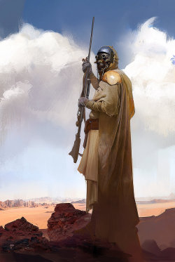 postapocalypticflimflam:  sepiachord:  cinemagorgeous:  Tusken Raider by artist Alexander Ovchinnikov.  I love the theory that Tatooine is a post- apocalyptic Earth and that Tuskens &amp; Jawas are mutated humans… Even if it doesn’t explain the second
