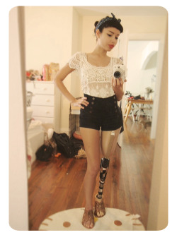 bbrightstar:  New clothes~ Ugh my room is hella messy and my dog’s stuff is slowly taking over lol.. Crochet top and shorts from Forever21~ Headband from Wetseal ~ Sandals from Modcloth~  