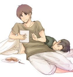 hikariix:  SnK Art School Scene #5 Levi likes to sleep in on the weekends, but Eren and his inner 5-year old prefers to wake up early and watch Saturday morning cartoons. He would drag the grumpy graphic design student up (with pillow in tow) and make