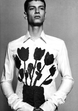 prominent-nipple:  L’uomo Vogue, May/June 1998wearing cotton shirt Raf Simons FW98 exclusively painted by Donald Baechler Ph. Michel Comte 