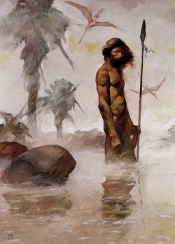 Jeffrey Jones, oil painting inspired by the Pellucidar series of adventure novels by Edgar Rice Burroughs. 
