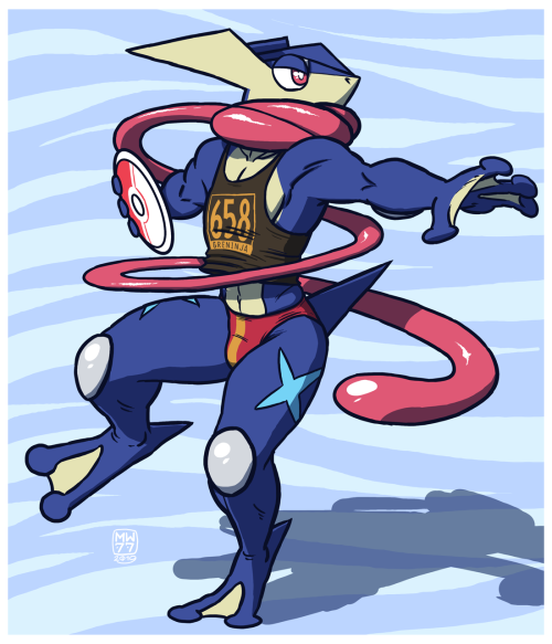 izzyink: Mad ninja throwing skillz  Since Greninja is already good at throwing shuriken, he might as well  try out for the discus throw event. He spins so fast, his tongue is  stretched out!Greninja belongs to Game Freak/Nintendo.   