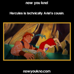 nowyoukno:  Now You Know that According to Greek mythology, Ariel’s father, King Triton, is the son of Poseidon, which would make the sea god Ariel’s grandfather. Poseidon’s brother Zeus is the father of Hercules, so Herc and Triton are first