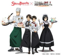 Sweets Paradise has released the official group image featuring Erwin, Eren, Levi, and Mikasa as well as new menu items for the next collaboration period! The food items include “Trost District Recapture Strategy Curry,” “Forest of Giant Trees