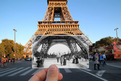 thecreativejungle:    El fotógrafo estadounidense Julien Knez utiliza antiguas fotografías de París para crear esta megnífica mezcla del pasado y el presente de la ciudad.   