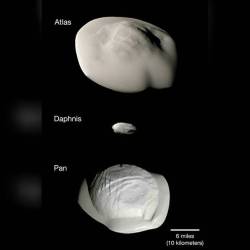 Atlas, Daphnis, and Pan #nasa #apod #esa #ssi #jpl #cassiniimagingteam #atlas #daphnis #pan #moons #moon #saturn #planet #solarsystem  #cassini #spaceprobe #spacecraft #space #science #astronomy