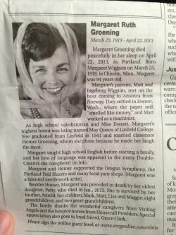 A Portland obituary had some recognizable names. Link to obituary. Guestbook if you like to leave a good bye.