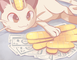 enecoo:  This is the payday meowth, reblog in the next 24 hours and money will come your way!!   Wait those things its got its paw on are the same as its head piece, does that mean this meowth killed other meowths? 