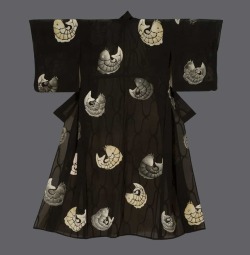 thekimonogallery: Summer ro kimono. Late Taisho to early Showa (1920-1940). The Kimono Gallery. An unlined ro sheer summer silk kimono featuring images of carp on a black background. The carp (koi) when used on a woman’s garment such as this example