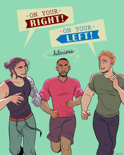 mechinaries:  i imagine both steve and bucky like to come up with different ways to poke fun at sam every time they pass him during jogging because they are shitheads (the first one is a print you can get here) 