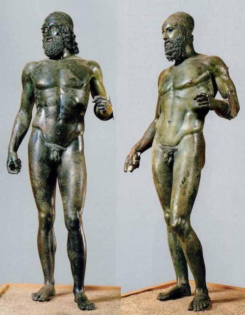 blondebrainpower:The Riace bronzes: two full-size Greek bronzes of naked bearded warriors, cast about 460–450 BC that were found in the sea in 1972 near Riace, Calabria, in southern Italy. 