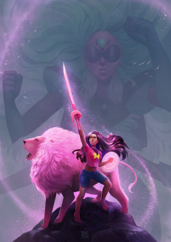 steftastan: Alexandrite, Lion and STEVONNIE! Combining their badass powers :D My favorite part of working on these Steven Universe pics is being able to indulge myself with all the pink colors! Makes me feel magical. (I omitted Stevonnie’s gem belly
