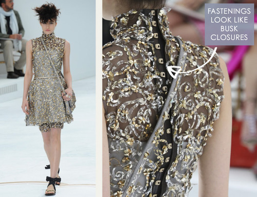 Glossary: Fastenings | The Cutting Class. Chanel, Haute Couture, AW14, Paris. Fastenings reference busk hardware of corsets.