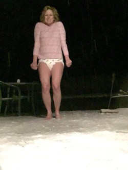 thebambinogirl:  Daddy woke me up and made me go outside in the snow wearing just my diaper and diaper shirt and nothing else. My feet were so cold and my diaper was wet and got really cold on my butt !