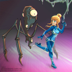 Samus Alien Spider1 Winner of the suggested art community event. Samus Alien Spider! Thanks to all participates. Your support of the art community makes these fun events happen. Uh-oh looks like Samus has encountered a sticky Alien Spider. What will she