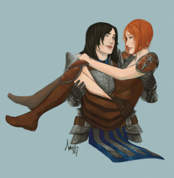 glorfindely:  I commissioned this beautiful piece of art of my warden, Aerindis Aeducan, with her gf Leliana from celebrantsrapacity!  I’m so happy with it! 