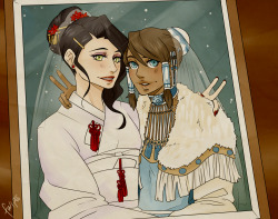 fwips:  Happy Wedding!!! =&lt;= ive been wanting to draw them like this… ((asami’s dress modeled after wedding kimono, and korra’s ‘traditional water tribe dress’ i doodled waaaaaay back in 2012 modeled after Inuit and other native communities