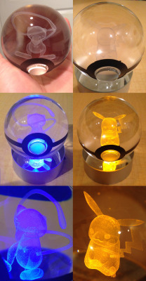 shutupandtakemyyen:    LED Pokeball with Pokemon Inside  Light up your room the way a true Pokemon Master would with a truly unique piece of art. LED light shines through the crystal Pokeball - illuminating the 3D laser-sketched Pokemon trapped inside.
