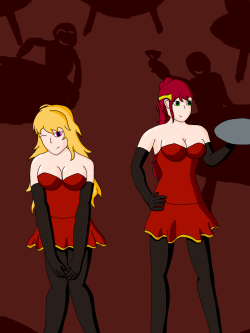 Inspired by this post by rwbysexcanons, Yang and Pyrrha go through with the desire to be waitresses. Jr. was probably happy to oblige.Expect a sequel or two where the patrons show their appreciation.