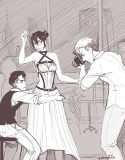 shynii:  Ahhh, I’ve always wanted to draw these threeee (Erwin/Levi/Mikasa)  Erwin is the CEO of a Fashion Company called Titans and Levi works directly under him and Mikasa is Levi’s intern.  Mikasa got the internship for her designs inspired by