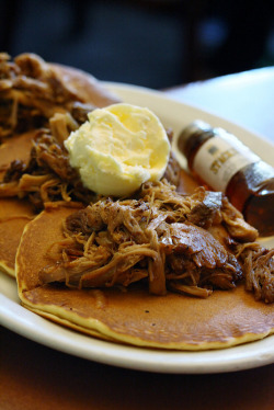 abcdefghijay:  bayfood:  Stacks (San Francisco, CA) -  Savory “Carnitas” Pancakes: made with sautéed carnitas and caramelized onions in an Apple Jack BBQ glaze and three plain pancakes. [source]  I wanna try this! 
