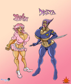 sun1sol:  Beta &amp; Delta    A character sheet of two old Ocs of mine, Beta(alien hybrid) and Delta(space agent), sisters for sci-fi sex storytelling involving lots of aliens and kinky ideas I want to try so expect more of these girls  Great colors by