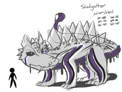 Sludgathor - Fakemon DesignEvery region has to have it’s own regional legendary pokemon, so I made one for my fan region.  Loosely based on a stegosaurus and a croc, Sludgathor is a massive steel and poison pokemon that slumbers deep within the earth