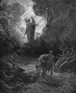 superbestiario:  Gustave dore, The holy bible.  On wikiart Adam and Eve Are Driven out of Eden Cain Slays Abel The Confusion of Tongues (The tower of Babel) The Deluge Jacob Wrestling with the Angel Samson Slays a Lion The Destruction of Leviathan David