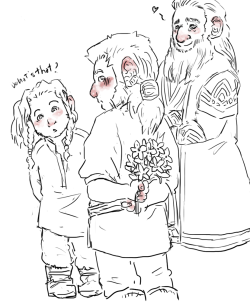 ladynorthstar:  Dwalin picked some blue forget-me-not because they reminded him of Thorin’s eyes but is actually to shy to give them to him because it may look awkward… poor kid. ilovemustard actually prompted something involving Thorin and Dwalin