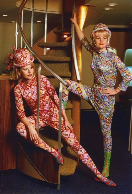 Braniff Airlines flight attendants posing in their groovy uniforms designed by Pucci in 1966. Nudes &amp; Noises  