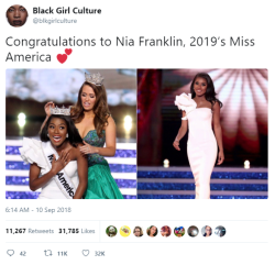 beyoncescock:  sbrown82:  securelyinsecure:  Miss New York Nia Imani Franklin Has Won the Miss America Pageant  A classical vocalist whose pageant platform is “advocating for the arts,” Franklin sang an operatic selection from the opera La Boheme.