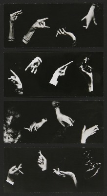 lamelancoly:  Man Ray-  Composition  4 copies de négatifs de photomontages de mains sur une page, 1964,   collection de Gustav Nils Doren, montage réalisée par Pierre Grassman (  développeur de Man Ray, travaillant pour lui dans son studio, qui
