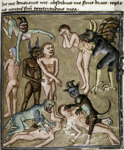 blackpaint20:  Devils bite and scratch the damned. Livre de la Vigne nostre Seigneur. France, c. 1450-1470 