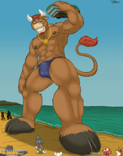 Teaselbone drew this pic a week or so ago of Tauros showing a muscle wolf on the beach what REAL heavy lifting is all about. With permission, I have colored and shaded it up, and here it is!The original artwork can be viewed by clicking THIS LINK.Line